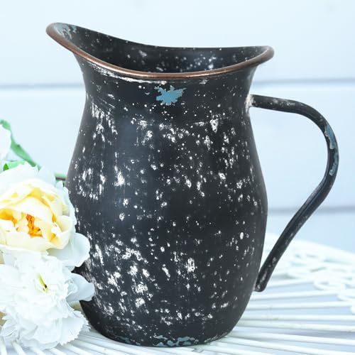 BIG FORTUNE Decorative Pitcher Vase Large Rustic Farmhouse Vase for Flowers Vintage Metal Milk Jug Vintage Decorative Pitcher Kitchen Decorations (Black)