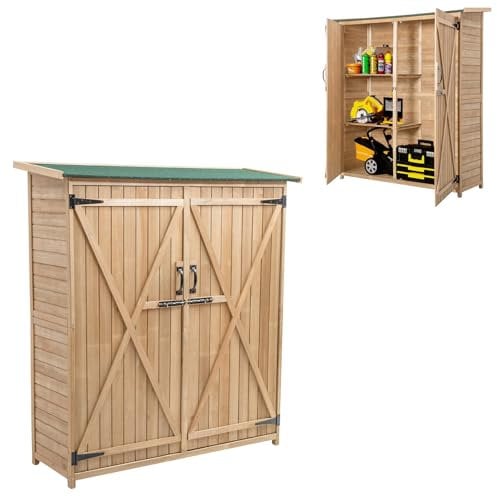 HOMASIS Capanno da Giardino in Legno, Casetta degli Attrezzi Esterna Resistente con Scaffali, Porta Attrezzi con Tetto Inclinato, Porte con Doppia Serratura, 140 x 50 x 162 cm, Naturale