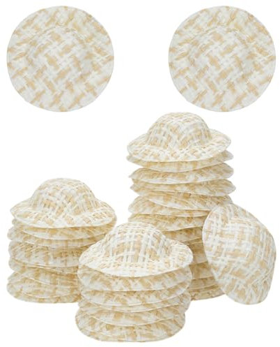 FINGERINSPIRE 30 mini sombreros de paja de imitación de 50 mm de diámetro, papel redondo plano con tela, sombreros pequeños, mocasín, tamaño pequeño, sombrero de punto de paja para manualidades de