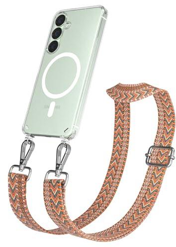 EAZY CASE Handykette - Verstellbares Taschenband kompatibel mit Galaxy S25, Schulterriemen, Handykordel mit Silikon Hülle, Qi Charging kompatibel, Umhängetasche, Orange Grün Silber