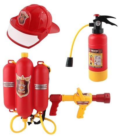 EHJRE Feuerwehr Wasserspritze Kinder, Feuerwehr Wassersprüh Spielzeugset für Jungen, Sommer Kinder Wasserspielzeug Feuerwehr Rucksack, Feuerwehr Rucksack Wasserpistole für Outdoor Spaß, 3 Stück