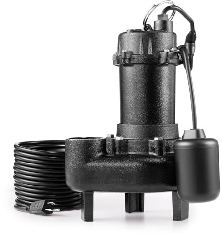 VEVOR Submersible Sewage Pump, 1/2 HP, 4800 GPH Cast Iron Sewage/Effluent Pump with Automatic Tethered Float Switch, 2-Inch NPT Discharge, 120V, 20 ft Max Lift, for Basement, Septic Tank, Residential