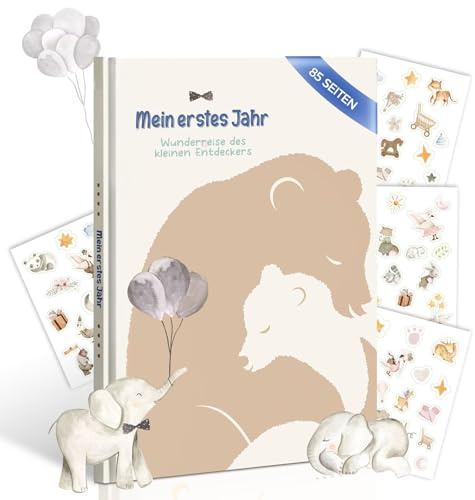 Mein erstes Jahr Babyalbum Babytagebuch – Baby Erinnerungsbuch mit liebevollen Elefanten-Illustrationen, 28,5x21cm | Geschenk zur Geburt & Taufe