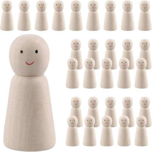 NAMYEUT 30 Stück Holzfiguren zum Bemalen, 60mm Holz Spielfiguren mit Ausdruck, Kleine Holzfiguren Puppen Leere Holzkegel für DIY Bastelprojekte und Dekoration