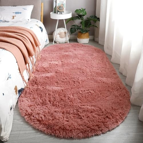 Hearda Tappeto Ovale Salotto Pelo Lungo Shaggy, Tappeto Peloso per Camera da Letto Morbido e Soffice Tappetino Peloso Pelo Lungo Moderno Lavabile con Fondo Antiscivolo (Rosa scuro,60x120cm)