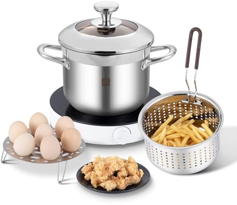 4L Deep Fat Fryer with Basket, 304 Stainless Steel Deep Fryer Pot，Chip Pans with Basket and Lid Steaming rack，Fried chicken nuggets, french fries, and onion rings，Kitchen,Frying,Cooking,Camping
