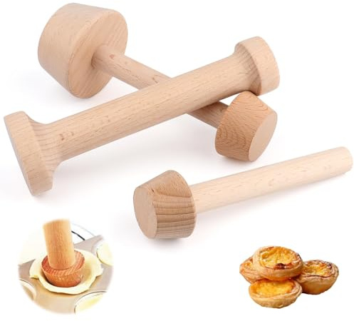 Nexlynk Set med 3 st tartor, dubbelsidig tårta, tampingsverktyg, naturlig bokträ, bakverk, tamperpress, tårtpressverktyg för äggtårtor, muffins, pajer och quiche, bakverktyg, kökstillbehör