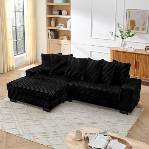 EMKK Ecksofa mit Schlaffunktion, Modulares L Sofa mit 6 Kissen, Wohnlandschaft für Wohnzimmer, Schlafsofa aus Corduroy, Kombinierbares, für Apartments/Büros, 256.5 x 133.5 x 89 cm (Schwarz)