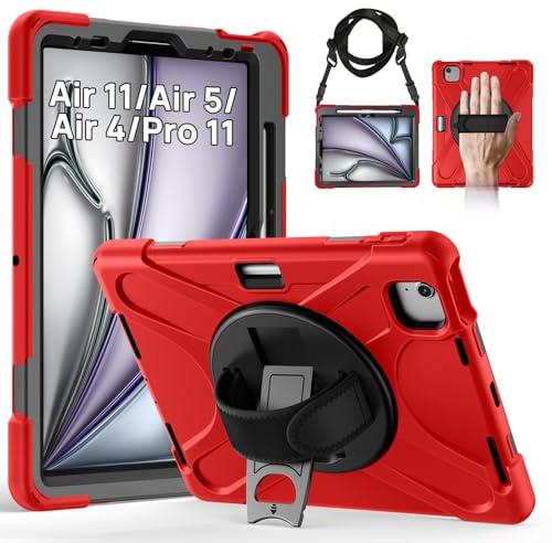 Gerutek Hülle für iPad Air 11 Zoll (M4/M3/M2)/ Air 5. /4. Gen 10,9'', Rot | Stoßfeste für iPad Pro 11 (4./3./2./1.Gen) Hülle, 360° Drehbar Stände, Hand-/Schultergurt Stifthalter, Arbeit/Outdoor/Drinnen
