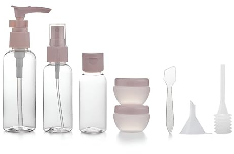 Reiseflaschen Set 8-teilig mit Kulturbeutel – auslaufsichere Nachfüllflaschen (Pumpe & Spray) + Kosmetikdöschen, Trichter, Spatel & Pipette – Reisebehälter