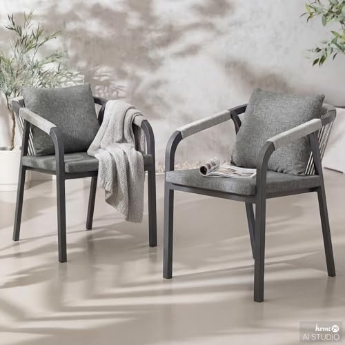 home24 Gartenstuhl 2er-Set in Anthrazit und Grau mit Geflecht, Pulverbeschichtetes Aluminium mit Webstoff und Polyester-Details, Hochwertiges Sitzmöbel für den modernen Essbereich im Freien