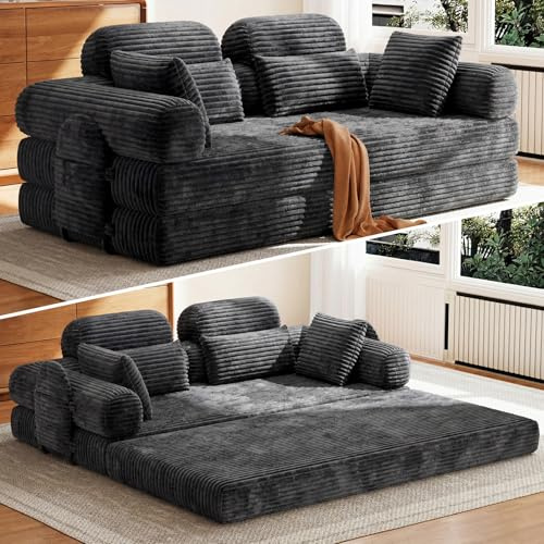 HOMRELEXA 200cm 5-in-1 Convertible Folding Sofa Bed double, Cord Boneless Couch with High Backrest, Removable Sofa Side, 2 Seater Sofa with 2 Cushions, 2 Side Storage Pockets, Gray