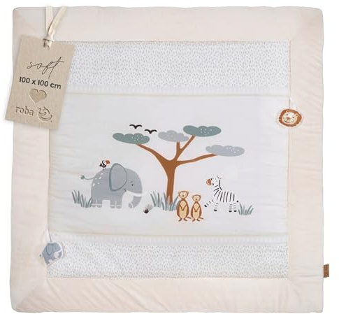 roba Krabbeldecke Savanna Friends 100 x 100 cm - Weich gepolsterte Spielmatte für Babys ab Geburt - Spieldecke aus Baumwolle - Tier-Design - Beige