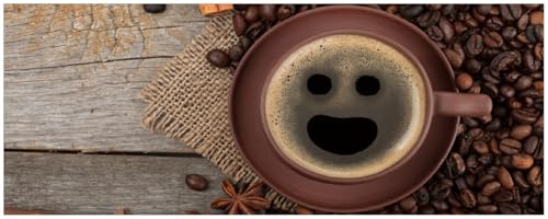 Wallario Küchenrückwand selbstklebend 115 x 50 cm, Motiv: Lustige Kaffeetasse mit einem Lächeln - Kaffeebohnen und Zimt | Spritzschutz abwischbar & pflegeleicht