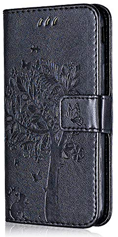 Conber Hülle für Huawei P20 Lite, PU Leder Tasche Flip Case Lederhülle Handyhülle, Vintage Katze und Baum Schutzhülle für Huawei P20 Lite - Schwarz