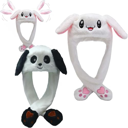 2 Pcs Beweglicher Ohr-Kaninchen-Hut, Netter Panda-Hut Plüsch Bunny Ohren Stirnband Halloween Tier Ostern Cosplay Kaninchen - Lustige Plüsch-Häschen-Hut-Kappe mit Den Ohren(Kaninchenform + Pandaform)