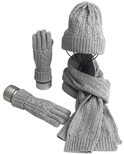 Warmiehomy Mütze Schal Handschuh Set Damen für Winter, Schal und Mütze Warmes Set Damen, 3 in 1 Winter Strickmütze Set für Skifahren Aufflug Camping Reissen Grau