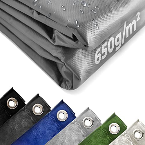 Jago® Abdeckplane - 650 g/m², 2x3/3x5/3x6/4x3/4x5/4x6/4x7/4x8/5x6/5x7/5x8 m, Wasserdicht & Reißfest, mit Ösen, Farbwahl, PVC-Schutzplane, LKW Plane Gewebeplane, Regenplane (Grau, 4 x 7 m)
