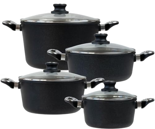 BAF Kochtopf Set Induktion 8-tlg. Bratentopf 20 cm + 24 cm, Kochtopf 24 cm & Suppentopf 28 cm - Topfset Aluguss beschichtet - Made in Germany