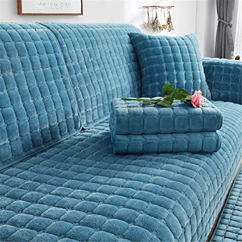 SYLC Sofa überzug Dicker Plüsch Schonbezug Sofabezug Gesteppte Sofa Sitzkissen Couchbezüge rutschfeste Sofaschoner Vor Haustieren Winter (Blau,110 × 180 cm)