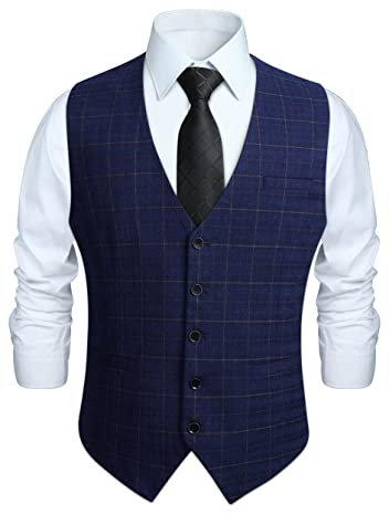 HISDERN Gilets Hommes Mariage Costume Gilet Sans Manche Business Formel Carreaux Classique Gilet Bleu XL