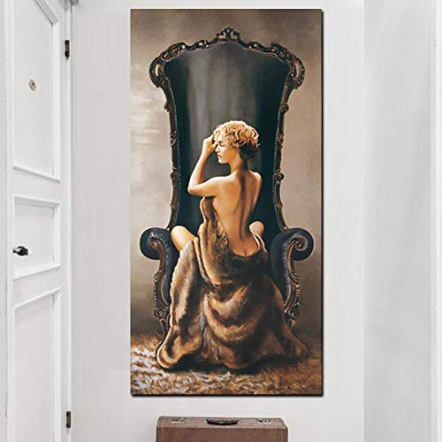 Leinwanddrucke Vintage Frau auf Stuhl Figur Gemälde Pop Art Mädchen Körper Bild für Wohnzimmer Gang Dekor 60x120cmx1pcs rahmenlos