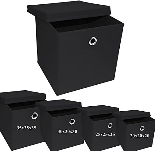 A406 3x Foldable Storage Boxes with Lid Storage Basket with Lid Fabric Cubes with Handles Collapsible Fabric Organiser Clothes Storage Box (Small -20x20x20cm, Black)