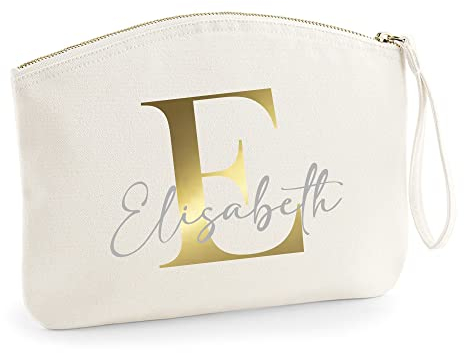 minimutz Schminktasche für Mädchen mit Name | Motiv Buchstabe Initiale inkl. Namensdruck | Personalisierte Kosmetiktasche Ordnungshüter Mädchen Damen L (28 x 22 cm) Beige