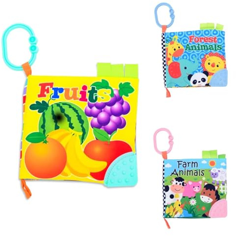 Lorelli Baby Stoffbuch Tiere Beißring Früchte C-Ring Lehrbuch Bauernhoftiere gelb