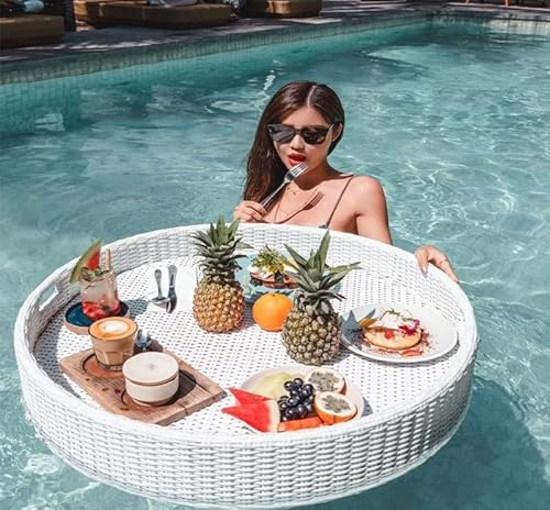 PANJAZE Tavoli Da Porzione Galleggianti Tavolo Rotondo Con Manici, Vassoio A Telaio In Rattan Rotondo Piscina Piscina Galleggianti For Adulti For Sandbars Spa Bagno E Feste Feste Fotografia Fotografia