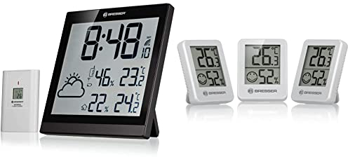 Bresser Wanduhr Wetterstation Funk mit Außensensor TemeoTrend JC mit DCF Funkuhr mit großer Anzeige & Thermometer Hygrometer Temeo Hygro Indicator 3er-Set zum Aufstellen, 4.5x1.6x5.8 cm, Weiß