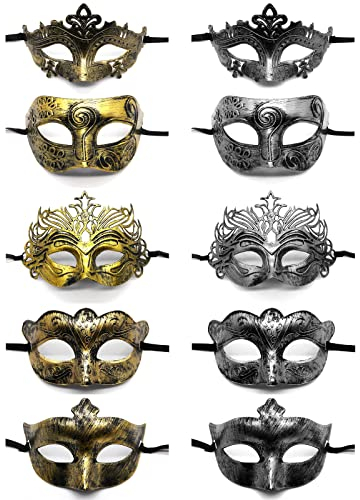 JewelryWe Schmuck 10 Stück Maskerade Maske Antiken griechischen römischen Venezianische Maske Augenmaske Gesicht Kostüm für Halloween Karneval Party Ball Cosplay Gold/Silber