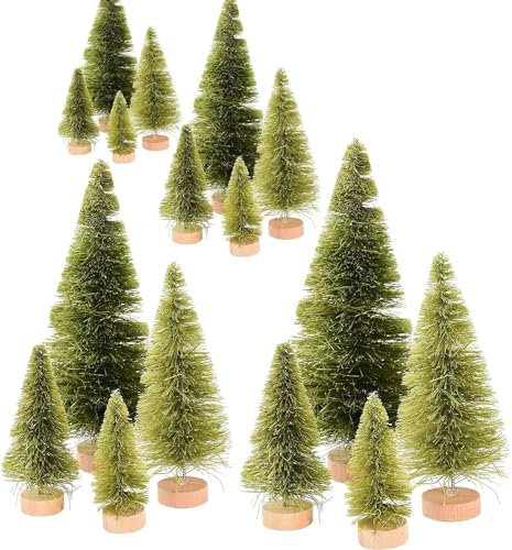 Oletabeth 16 Pieces Artificial Sisal Christmas Trees Mini Bottle Brush Trees Desktop Miniature Pine Trees with Wood Base for Xmas Holiday Party Home Decor (Green)