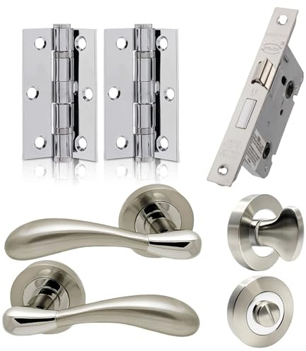 UAP Internal Door Handle Set with Lock – Complete Door Pack with Hinges, Thumb Turn & Fixings – Privacy Turn & Release (Hornet, Polished Chrome)