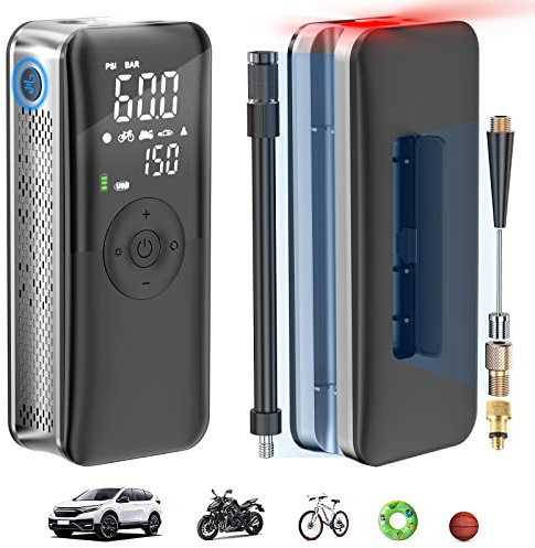 USERCENT Tragbare Elektrische Luftpumpe Fahrrad,Fahrradpumpe Elektrisch alle Ventile,Akku Luftpumpe für Fahrräder(7.4V,Autostop-Funktion,0.2-10.3 Bar/3-150Psi,LED,USB-C,Power-Bank) (Silber)