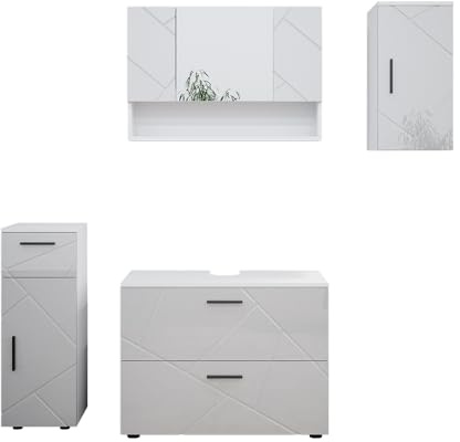 Vicco Badmöbel-Set Irma, Weiß Hochglanz, 80 cm | besteht aus Waschbeckenunterschrank, Spiegelschrank, Midischrank und Hängeschrank