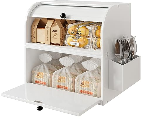 TQVAI Panera de Madera de 2 Capas Para Encimera de Cocina, Contenedor de Almacenamiento de Pan con Tapa Enrollable Con Cesta de Cubiertos, Panera Multifuncional, 37,98 x 24,9 x 36,06 CM, Blanco