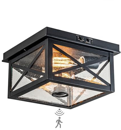 OUPAVOCS Outdoor Ceiling Light with Motion Sensor, Black Flush Mount Farm House Porch Light Ceiling Mount, Adjustable Dusk to Dawn 2-Light Close to Ceiling Light Fixture for Patio, Porch, Garage