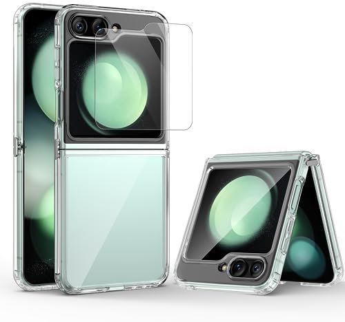 HWeggo Case for Samsung Galaxy Z Flip 5,Clear Slim Phone Case with Outer Screen Protector,Transparent Hard PC Back&Soft TPU Edges,Anti-Scratch Shockproof Protective Cover for Z Flip 5,Full Clear