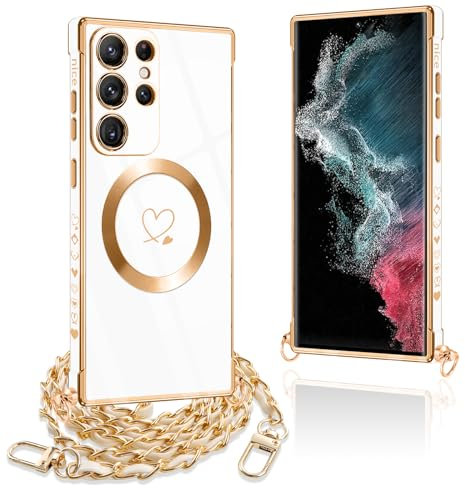 Pnakqil Coque Magnétique pour Samsung Galaxy S22 Ultra 5G Con Cordon, Compatible avec MagSafe, Silicone Housse avec Motif Coeur d'amour Collier Lanyard, pour Samsung S22 Ultra, Chaine-Blanc Or