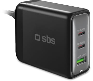 SBS GaN-Ladestation 100W, Mehrport-Ladegerät, kompakt, 2 USB-C-Anschlüsse, 1 USB-A-Anschluss, Netzkabel inklusive, ideal für Android-Smartphones, iPhone, Tablets, MacBook, Laptops