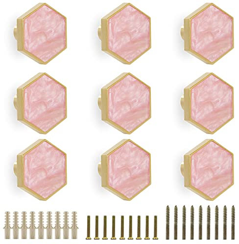 EVERGD Tirador de cobre puro de 27 mm con carcasa de latón dorado para puerta de armario de cocina, cajones y armarios, perillas modernas y simples (9, hexágono-rosa, 25 mm)