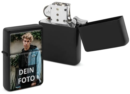 PhotoFancy® - Personalisiertes Sturmfeuerzeug mit eigenem Foto - Feuerzeug mit Foto Bedrucken - Benzinfeuerzeug als Fotogeschenk gestalten - Einseitig Bedruckt - Farbe: Schwarz