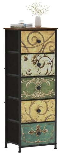 VEDECASA Narrow Tall Chest of Drawers 5 Fabric Drawer Dresser for Bedroom Slim Storage Tower Organizer Unit for Living Room Bedroom Closet Entryway Wood Board Sturdy Metal Frame Easy to Assemble