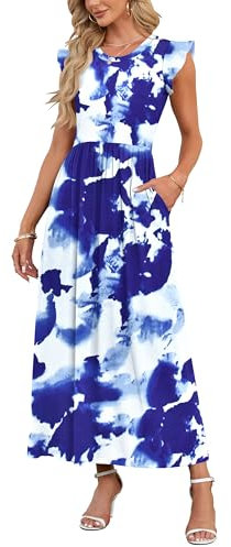 AUSELILY Women's Elegant Ruffle Petal Sleeve Summer Casual Dress With Pockets - Elastic Waist Swing Maxi Dress, Floral Blue White, S