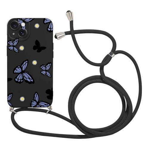 Foonary Funda con Cuerda para Apple iPhone 15 Plus 6,7, Correa Colgante con Aesthetic Motivo Collar Colgar de Cuello Cadena Cordón Carcasa, Silicona Case Cover para iPhone 15 Plus, Mariposa02