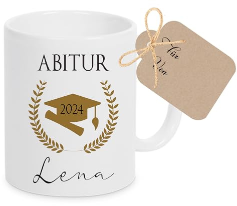 Manufaktur Liebevoll Abitur Tasse 2026 Personalisierte Geschenke Abi Tasse mit Namen und Datum Bestandene Prüfung Geschenk für Mädchen und Jungen Weiß 300 ml