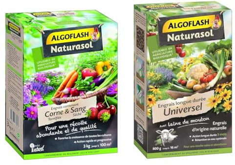 ALGOFLASH NATURASOL Engrais contenant de la Corne torréfiée et Sang Séché, Jusqu'à 100m², 3 kg, ACORNBIO3, Vert & ALGOFLASH NATURASOL Engrais universel longue, Jusqu'à 16m², 800gr, AUNIBIO8