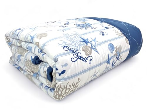 tex family Gesteppte Tagesdecke mit Schleife, Meer und Korallen und Muscheln mit gestreiftem Boden, hergestellt in Italien, für Doppelbett
