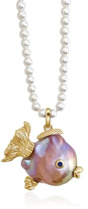 Hi Pearl Fisch 14mm Süßwasserperlen Anhänger Halskette für Damen Tier Fisch küssen Kette Anhänger Schmuck Geschenke für Frauen Mädchen (Siegel) (Gold)